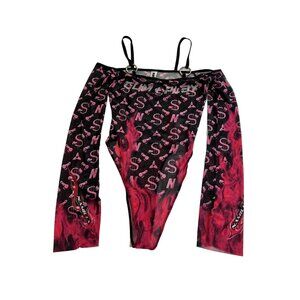 NAMILA Flame Monogram Off Shoulder Bodysuit in Black Pink